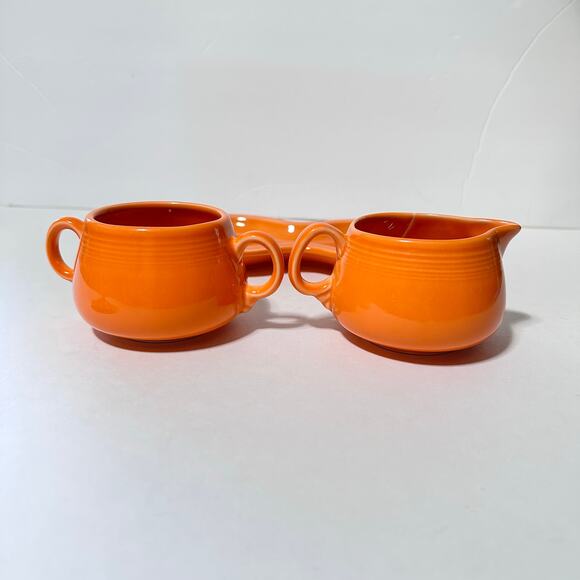 Vintage Fiestaware Sugar & Creamer Tray 4- Piece Set in Retired Tangerine Orange - Picture 6 of 9